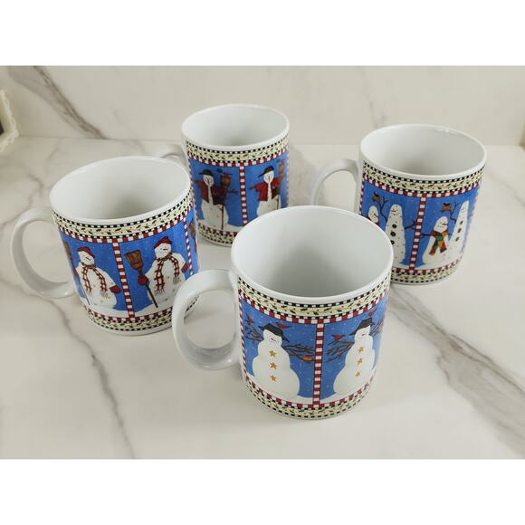 Oneida Sakura Coffee Mug Tea Cup Snowman 3 1/2" Debbie Mumm Stoneware x4 Vintage - Picture 6 of 12